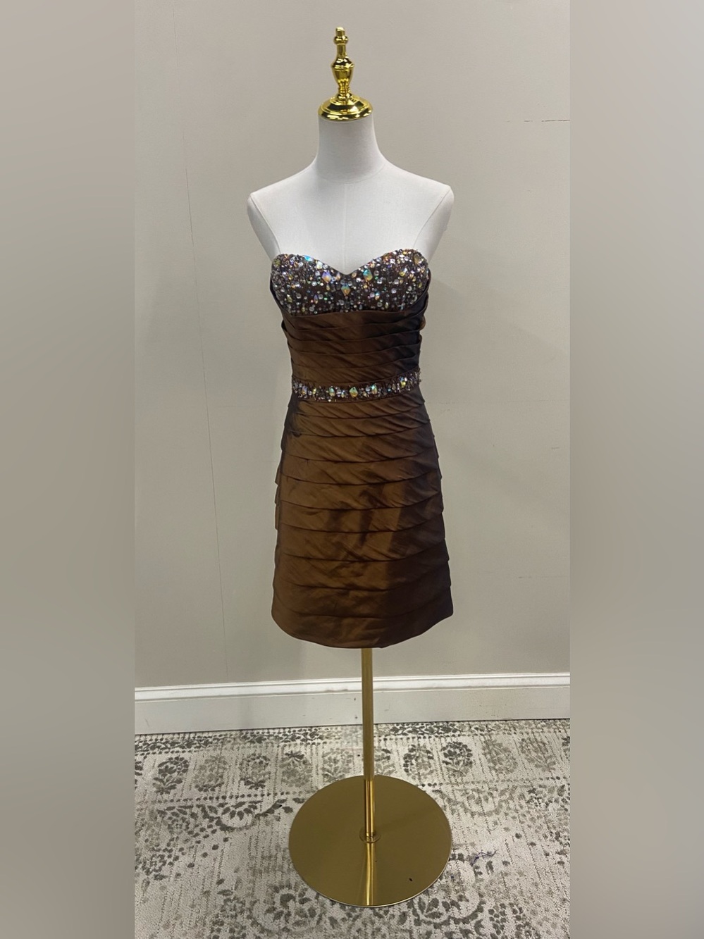 NWT Strapless Brown Cocktail Dress with Embellished Bodice